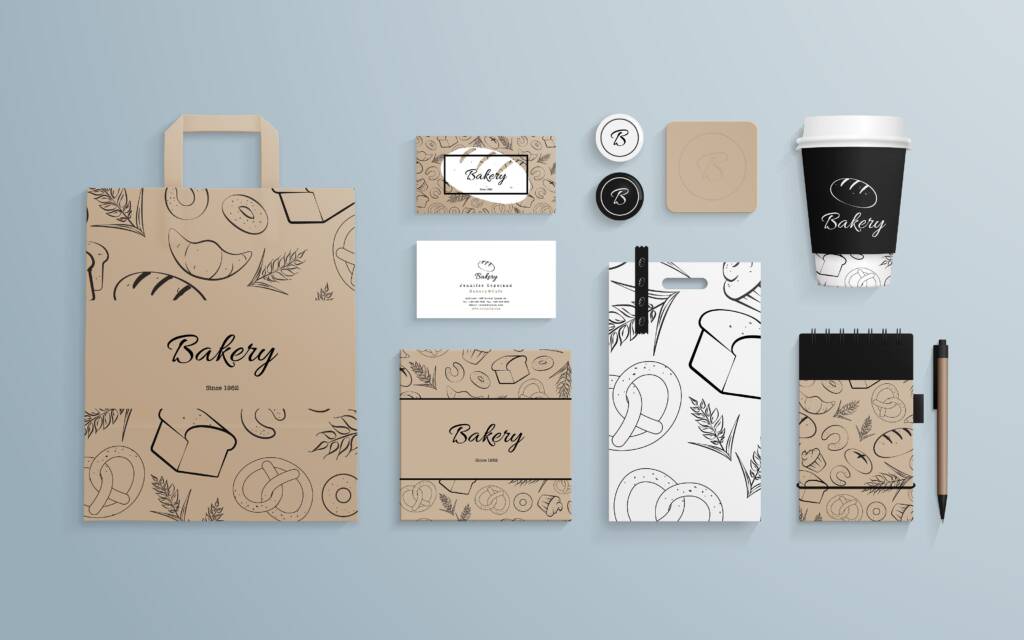 Corporate identity template set with pattern of baked goods. Business stationery mock-up with logo sample. Set of paper bag, cup, cards etc. Vector illustration.