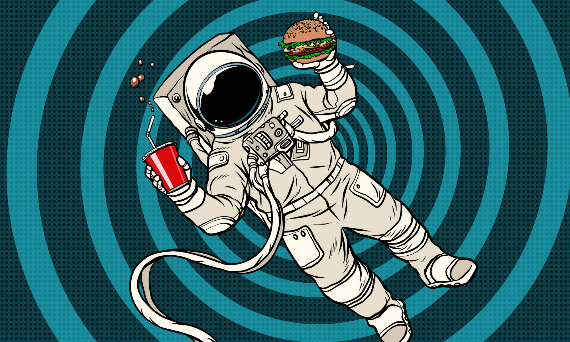 Astronaut in zero gravity with fast food. Pop art retro vector illustration