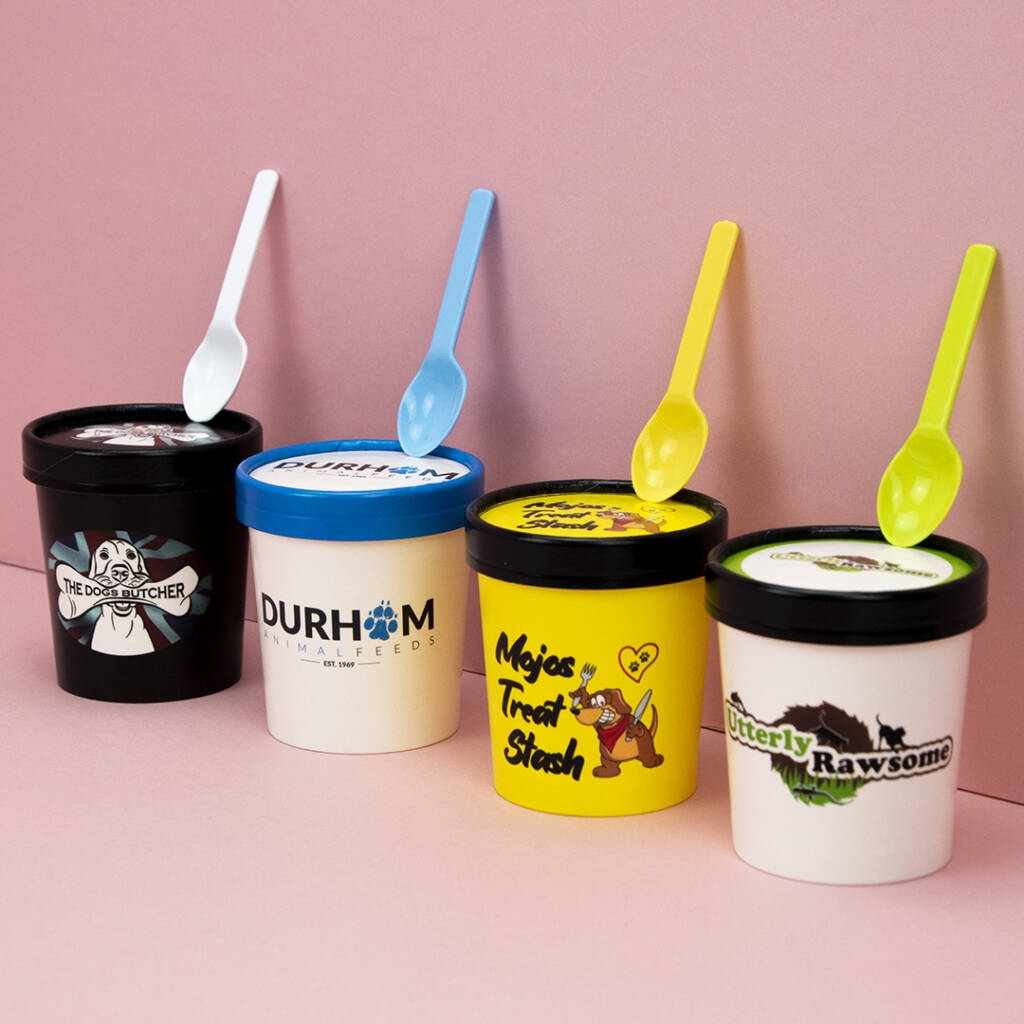 Branded ice cream tubs and coloured pla ice cream spoons copy